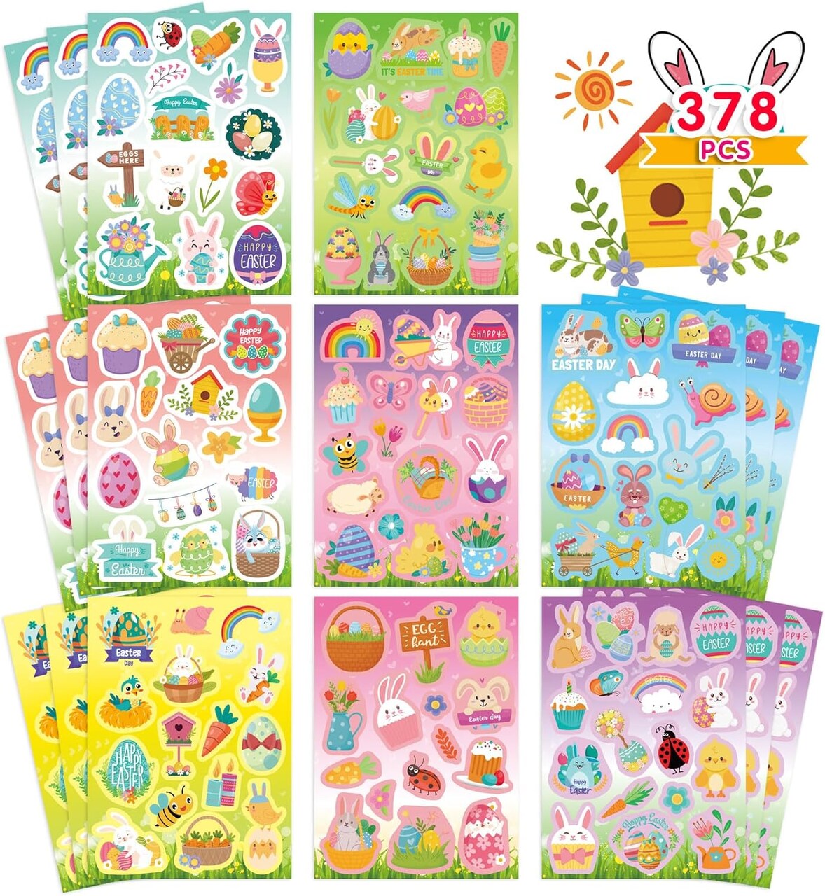 378 PCS Easter Stickers for Kids, Spring Stickers Assorted Easter Egg Bunny Stickers Easter Basket Stuffers, Easter Gifts, Teacher School Classroom Party Favors Supplies for Kids